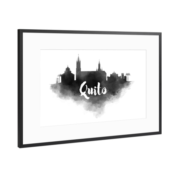 Poster mit Rahmen Schwarz (Metallic) "Watercolor Quito City Skyline" artboxONE - Städte