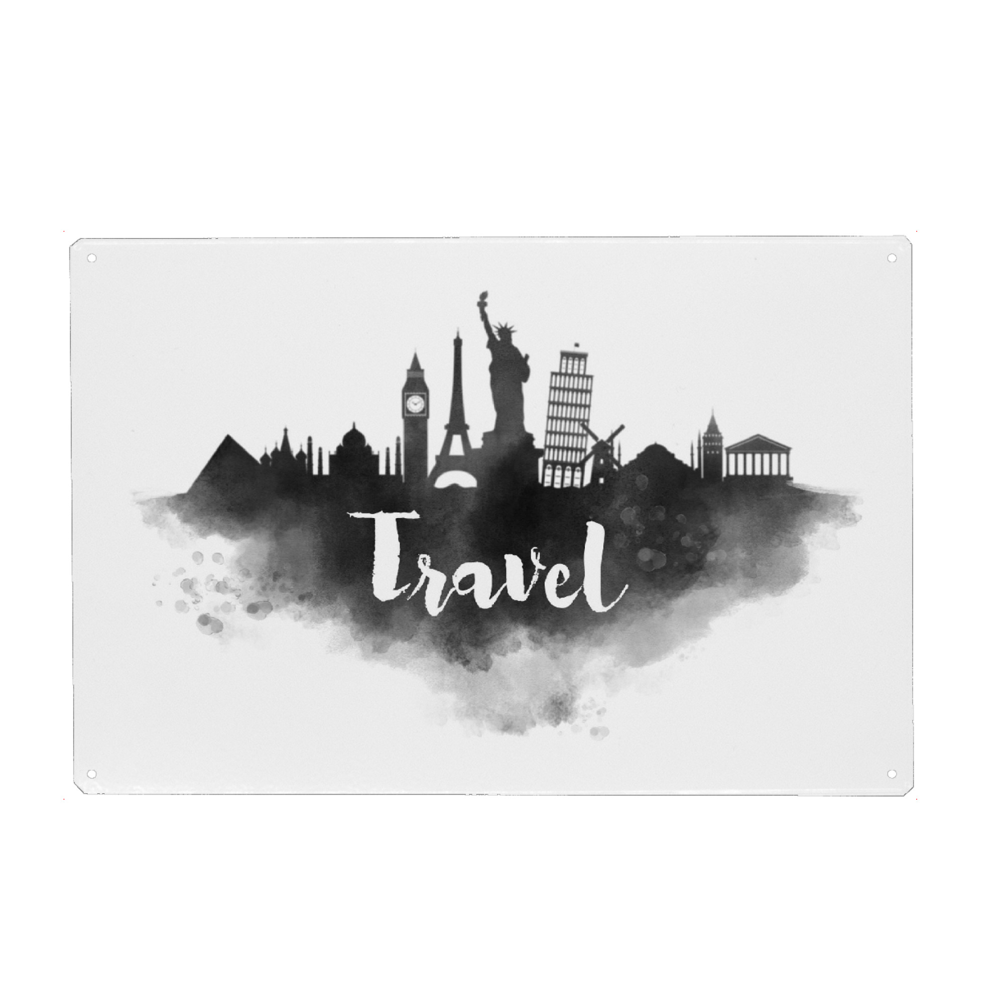 Metall Poster "Watercolor Travel Landmarks" artboxONE - Städte - Aquarell,Reise,Wahrzeichen,Wasser,Farbe,Wasserfarbe,Shilouette,Stadt,Wolkenkratzer