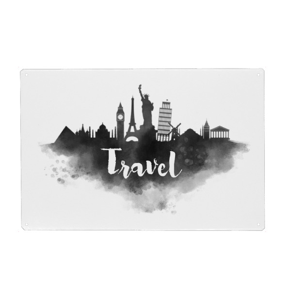 Metall Poster "Watercolor Travel Landmarks" artboxONE - Städte - Aquarell,Reise,Wahrzeichen,Wasser,Farbe,Wasserfarbe,Shilouette,Stadt,Wolkenkratzer