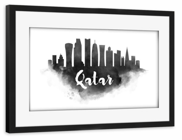 Poster mit Rahmen schwarz "Watercolor Qatar City Skyline" artboxONE - Städte