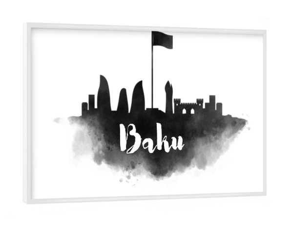 Poster mit weißem Rahmen "Watercolor Baku City Skyline" artboxONE - Städte