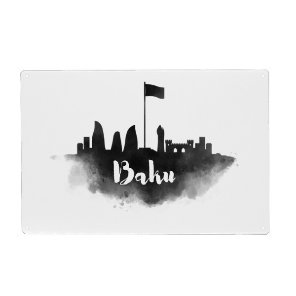 Holzbild "Watercolor Baku City Skyline" artboxONE - Städte - Watercolor,Baku,City,Skyline,Azerbaijan,Wasserfarbe,Shilouette,Stadt,Wolkenkratzer
