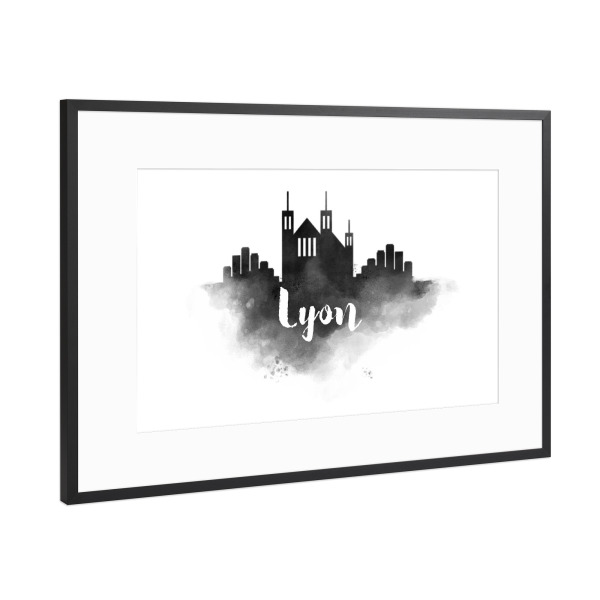 Poster mit Rahmen Schwarz (Metallic) "Watercolor Lyon City Skyline" artboxONE - Städte