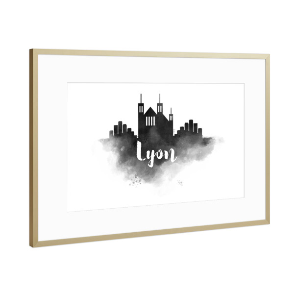 Poster mit Rahmen Gold "Watercolor Lyon City Skyline" artboxONE - Städte