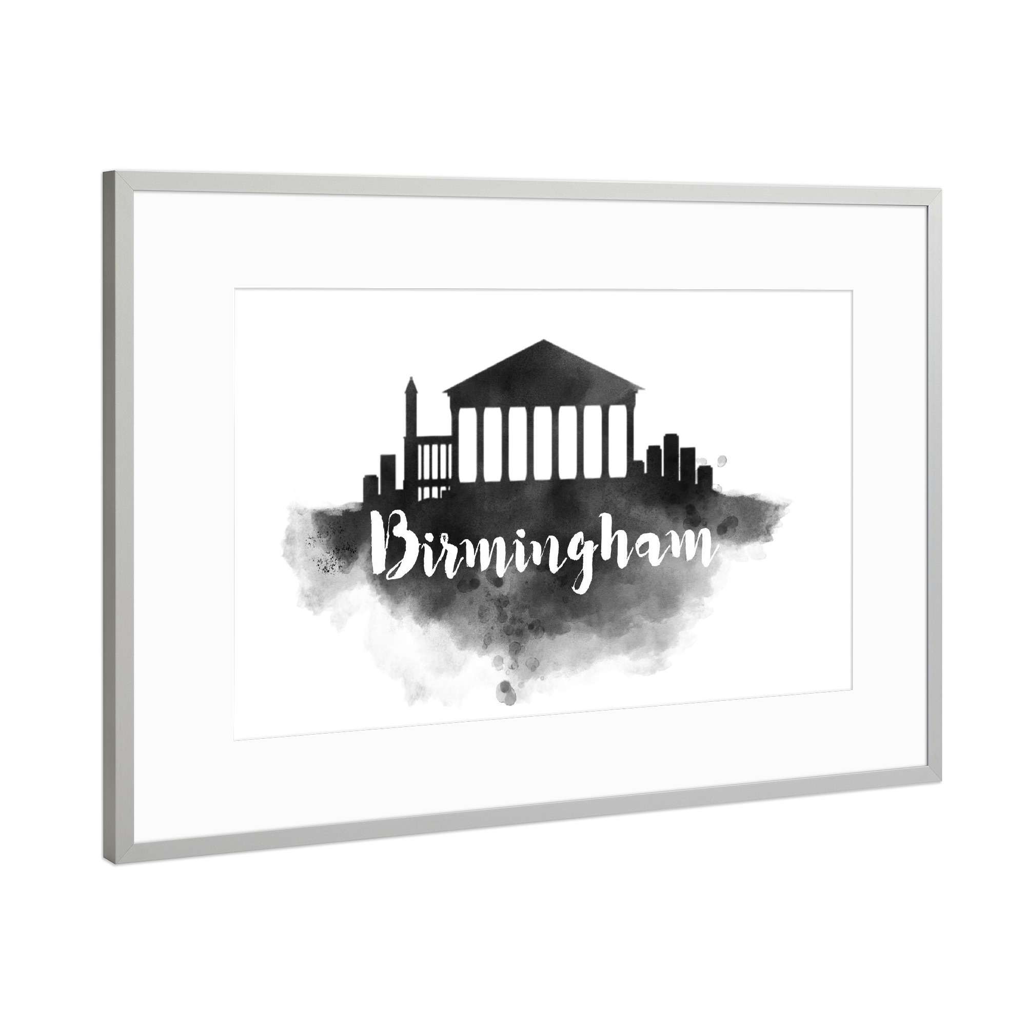 Poster mit Rahmen Silber "Watercolor Birmingham City Skyline" artboxONE - Städte - Watercolor,Birmingham,City,Skyline,Design,Water,Color