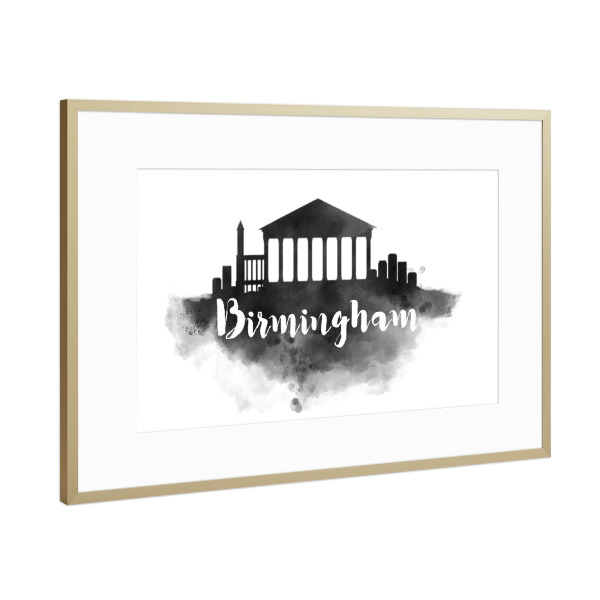 Poster mit Rahmen Gold "Watercolor Birmingham City Skyline" artboxONE - Städte - Watercolor,Birmingham,City,Skyline,Design,Water,Color
