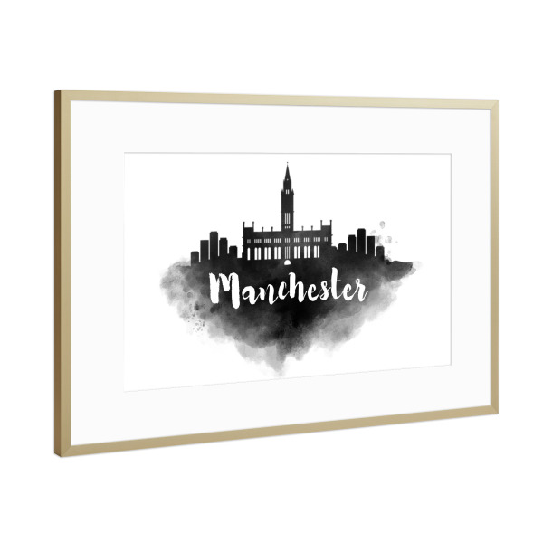 Poster mit Rahmen Gold "Watercolor Manchester City Skyline" artboxONE - Städte
