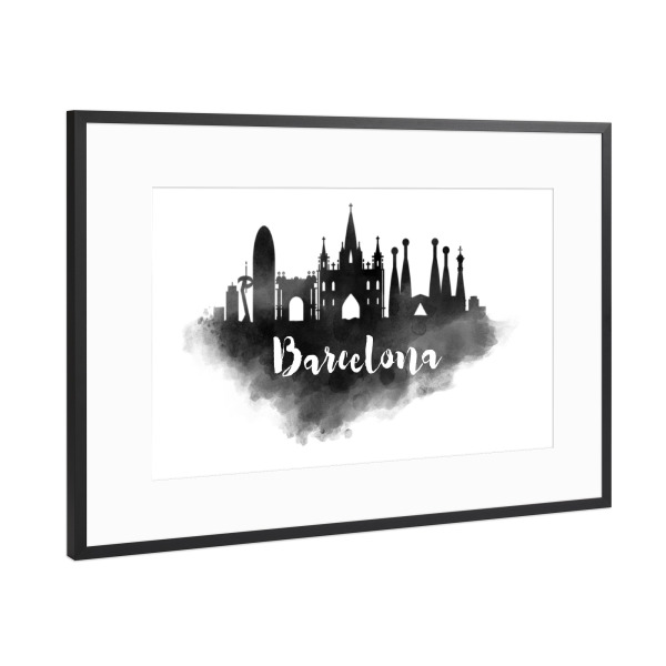 Poster mit Rahmen Schwarz (Metallic) "Watercolor Barcelona Skyline" artboxONE - Städte,Städte / Barcelona