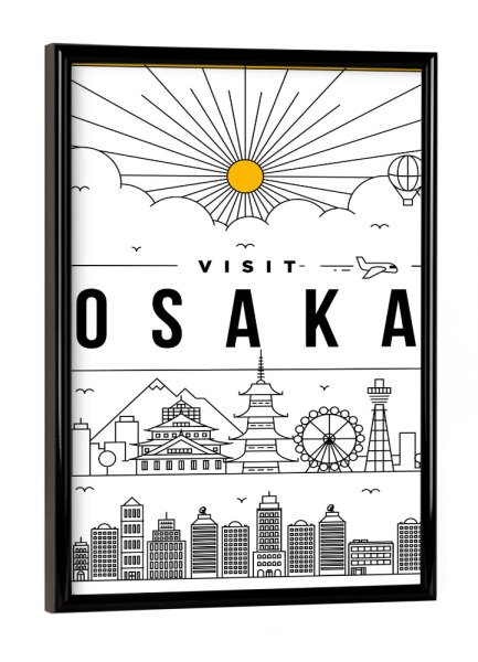 Poster mit schwarzem Rahmen "Linear Osaka" artboxONE - Städte - Linear,Osaka,Japan,Japanisch,Ikone,Design,Wasserfarbe,Shilouette,Stadt,Wolkenkratzer