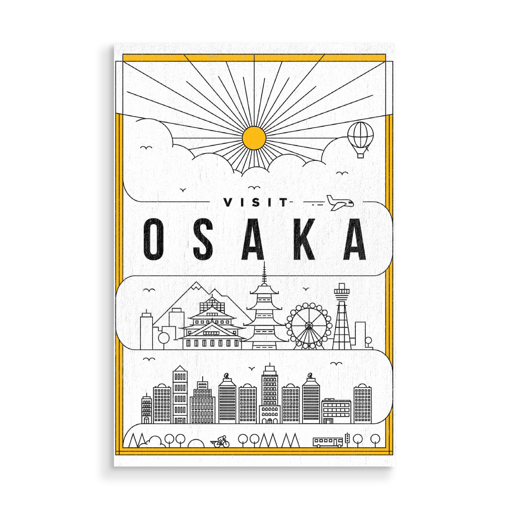 Holzbild "Linear Osaka" artboxONE - Städte - Linear,Osaka,Japan,Japanisch,Ikone,Design,Wasserfarbe,Shilouette,Stadt,Wolkenkratzer