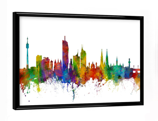 Poster mit schwarzem Rahmen "Bunte Skyline von Wien" artboxONE - Städte,Reise,Städte / Wien - Vienna,Wien,Wasserfarben,Austria,Skyline,Stadt,City