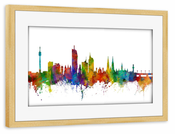 Poster mit Rahmen kiefer "Bunte Skyline von Wien" artboxONE - Städte,Reise,Städte / Wien - Vienna,Wien,Wasserfarben,Austria,Skyline,Stadt,City