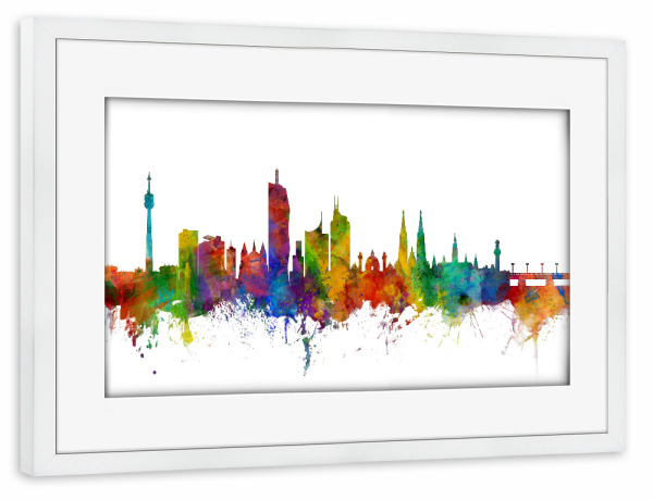 Poster mit Rahmen weiß "Bunte Skyline von Wien" artboxONE - Städte,Reise,Städte / Wien - Vienna,Wien,Wasserfarben,Austria,Skyline,Stadt,City
