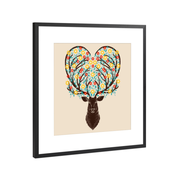 Poster mit Rahmen Schwarz (Metallic) "Blooming Deer" artboxONE - Floral,Tiere