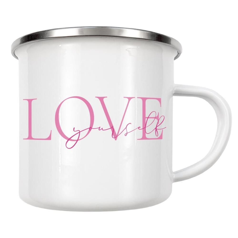 Emaille Tasse "Love yourself - pink" artboxONE - Typografie,Menschen,Liebe