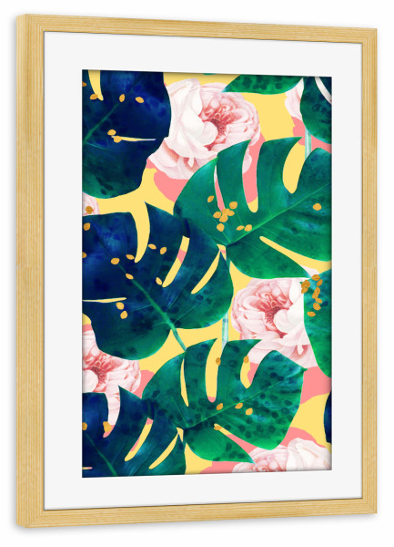 Poster mit Rahmen kiefer "Be Here Now" artboxONE - Natur,Floral - Blumen,Rosen,Gold,Tupfen,Blätter,Natur,Blatt,Frühling