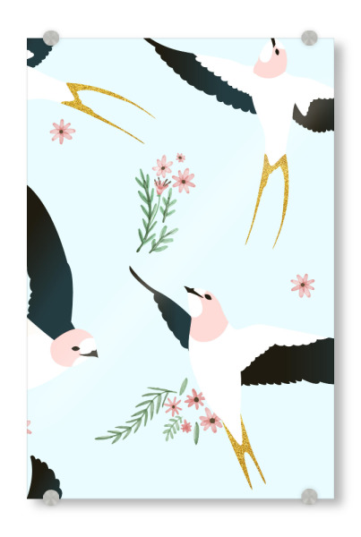 Acrylglasbild "Birds 3" artboxONE - Tiere - Vögel,Tiere,Illustration,Muster,Pastell,Blumen,Vögel,Frühling