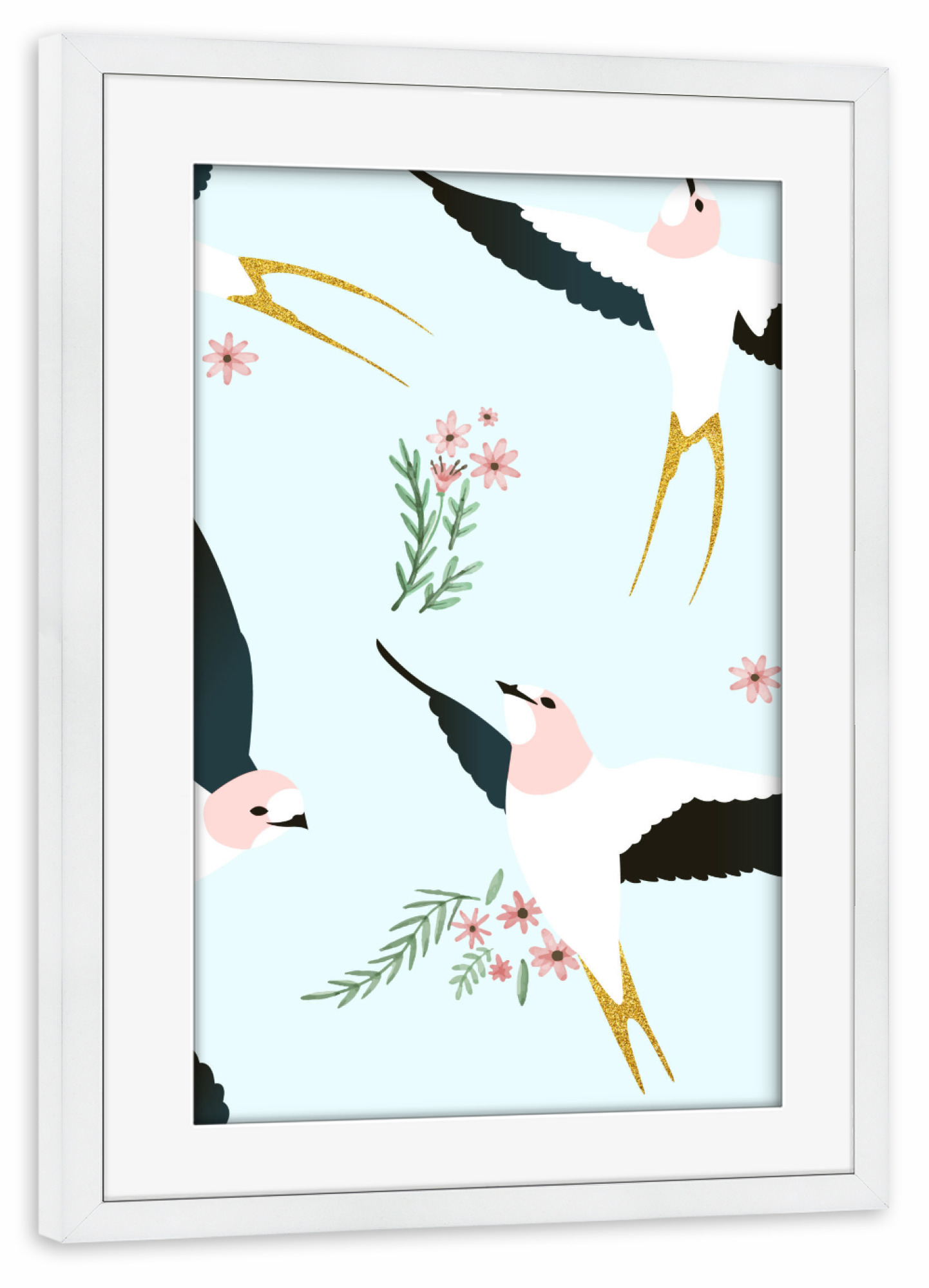 Poster mit Rahmen weiß "Birds 3" artboxONE - Tiere - Vögel,Tiere,Illustration,Muster,Pastell,Blumen,Vögel,Frühling