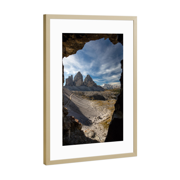 Poster mit Rahmen Gold "Drei Zinnen" artboxONE - Natur,Reise - Drei zinnen,Südtirol,Alpen,Berge,Landschaft,Ausflug,Italien