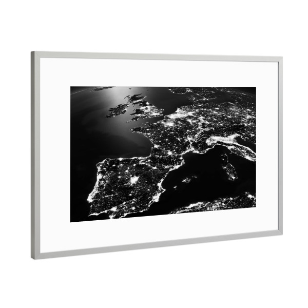 Poster mit Rahmen Silber "Western Europe Night View From Space 2" artboxONE - Galaxy