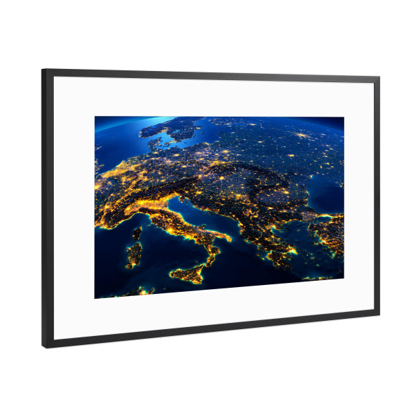 Poster mit Rahmen Schwarz (Metallic) "Southern Europe Night View From Space" artboxONE - Galaxy