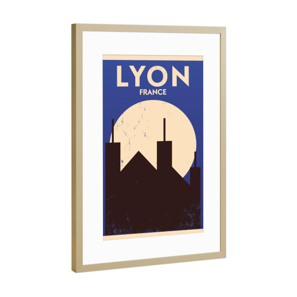 Poster mit Rahmen Gold "Retro Lyon France" artboxONE - Städte,Reise,Reise / Länder - Retro,Lyon,France,Design,Frankreich