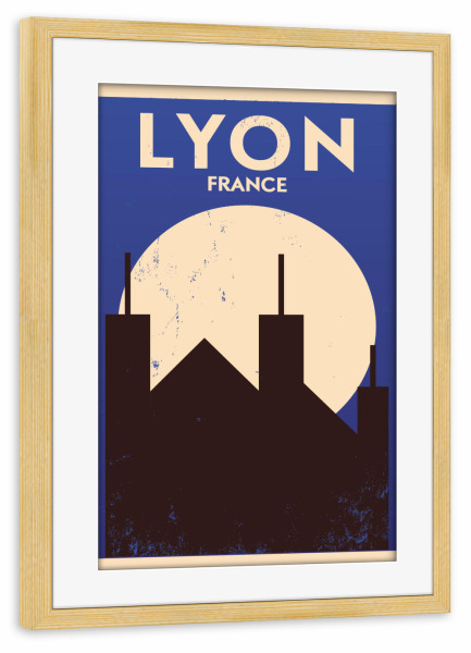 Poster mit Rahmen kiefer "Retro Lyon France" artboxONE - Städte,Reise,Reise / Länder - Retro,Lyon,France,Design,Frankreich