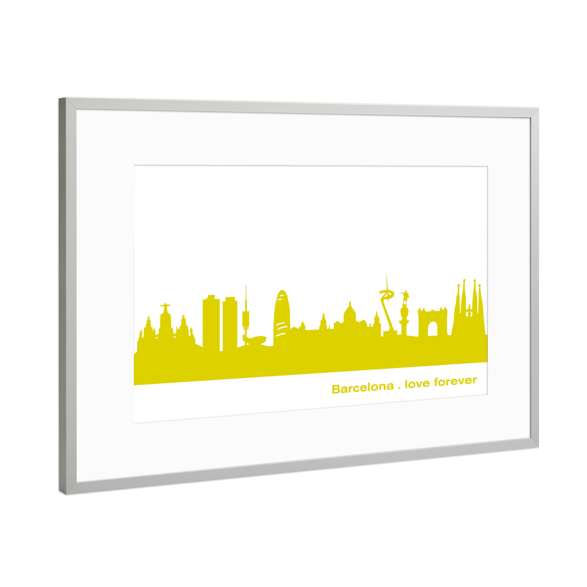 Poster mit Rahmen Silber "Barcelona 06 Skyline Print in Spring-Green monochrome" artboxONE - Städte,Reise,Städte / Barcelona