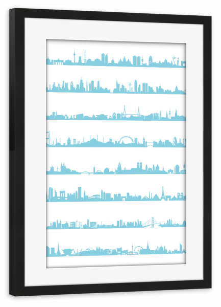 Poster mit Rahmen schwarz "16 Metropolen in Pastelblau" artboxONE - Städte,Abstrakt,Architektur,Städte / Weitere