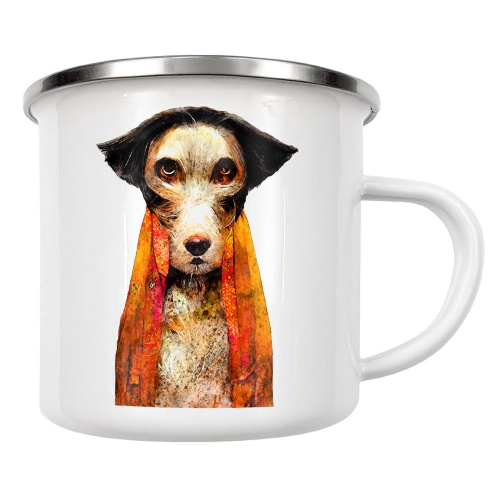 Emaille Tasse "Hund mit orangefarbenem Schal" artboxONE - Für Kinder,Tiere - Hund,Hunde,Orange,Schal,Aquarell,Malerei,Tier,Tiere,Haustier