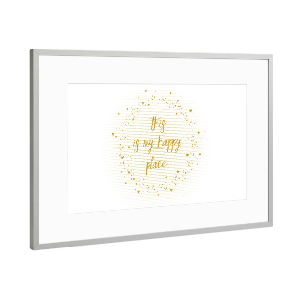 Poster mit Rahmen Silber "Text Art THIS IS MY HAPPY PLACE III | white with hearts, stars & splashes" artboxONE - Typografie,Abstrakt