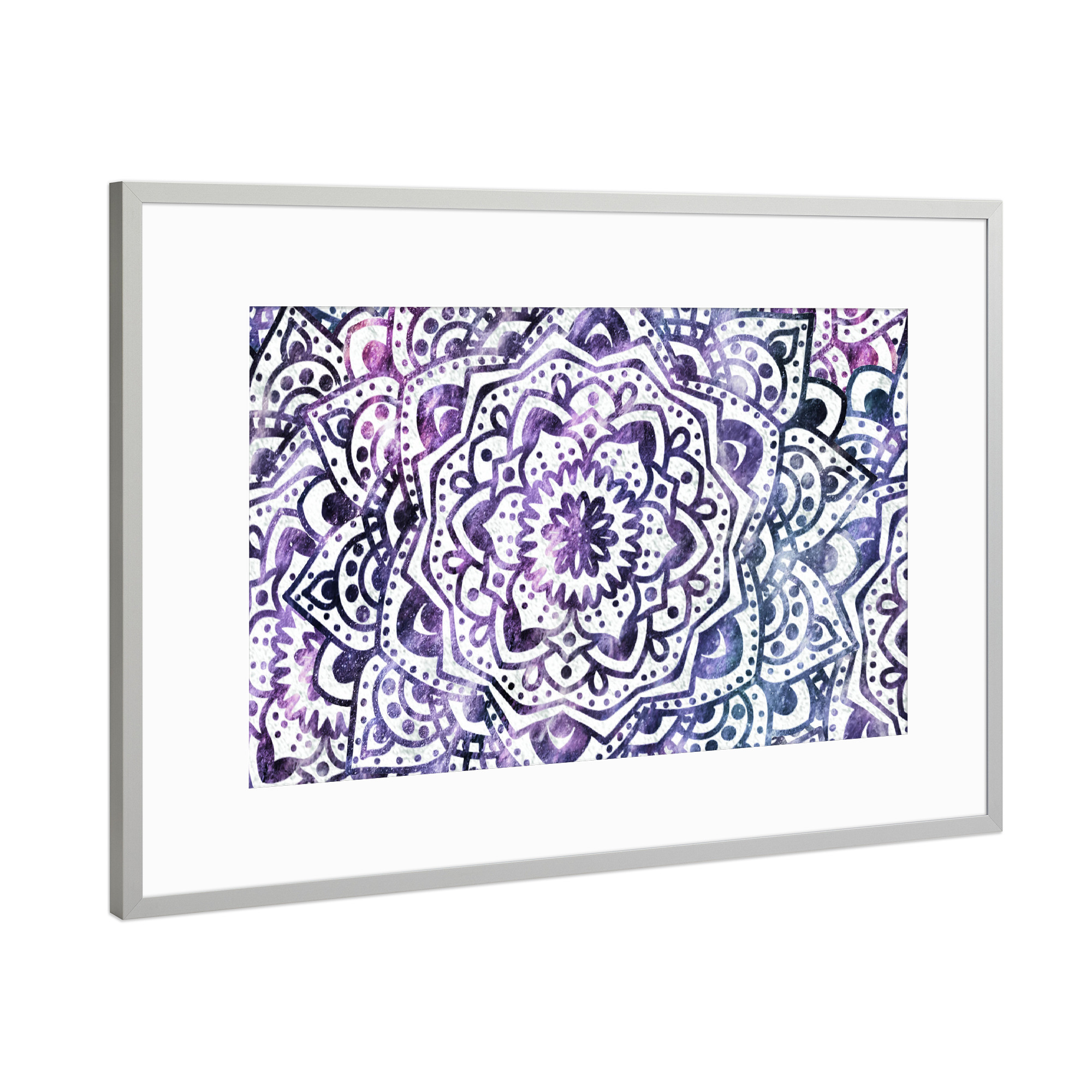 Poster mit Rahmen Silber "STARRY NIGHT MANDALA" artboxONE - Abstrakt,Geometrie - Mandala,Bohochic,Bohemian,Purple,Weiss,Hippi,Festival,Woodstock