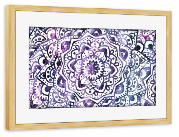 Poster mit Rahmen kiefer "STARRY NIGHT MANDALA" artboxONE - Abstrakt,Geometrie - Mandala,Bohochic,Bohemian,Purple,Weiss,Hippi,Festival,Woodstock