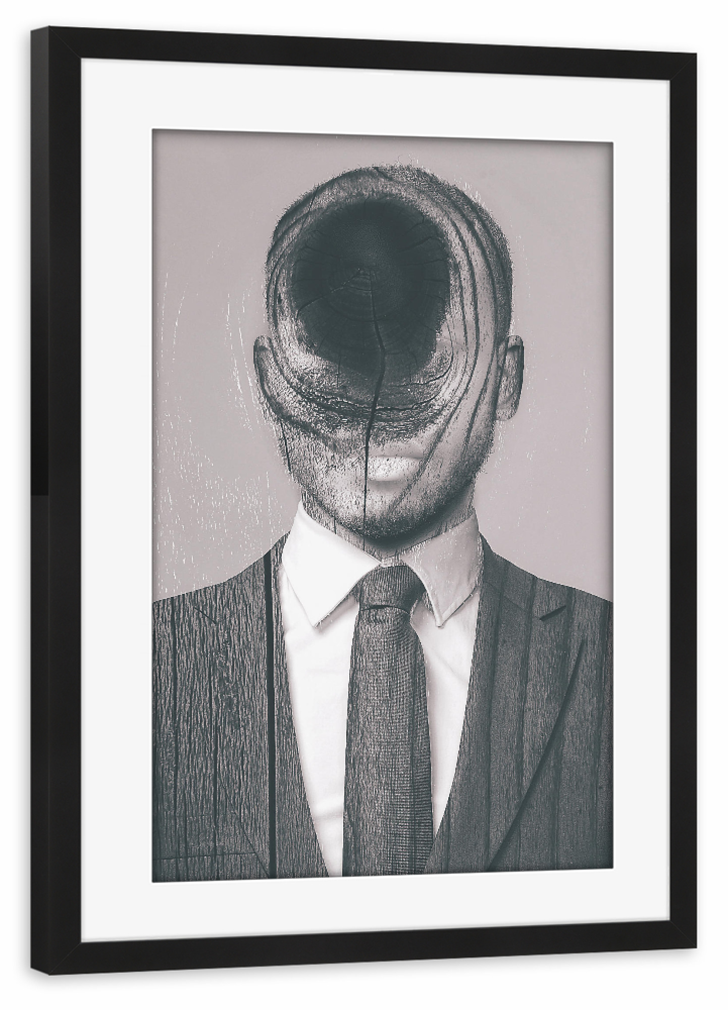 Poster mit Rahmen schwarz "Woods Passport" artboxONE - Abstrakt - Man,Wood,Exposure,Mann,Holz,Passfoto,Krawatte,Anzug,Dermannohnegesicht,Männlich