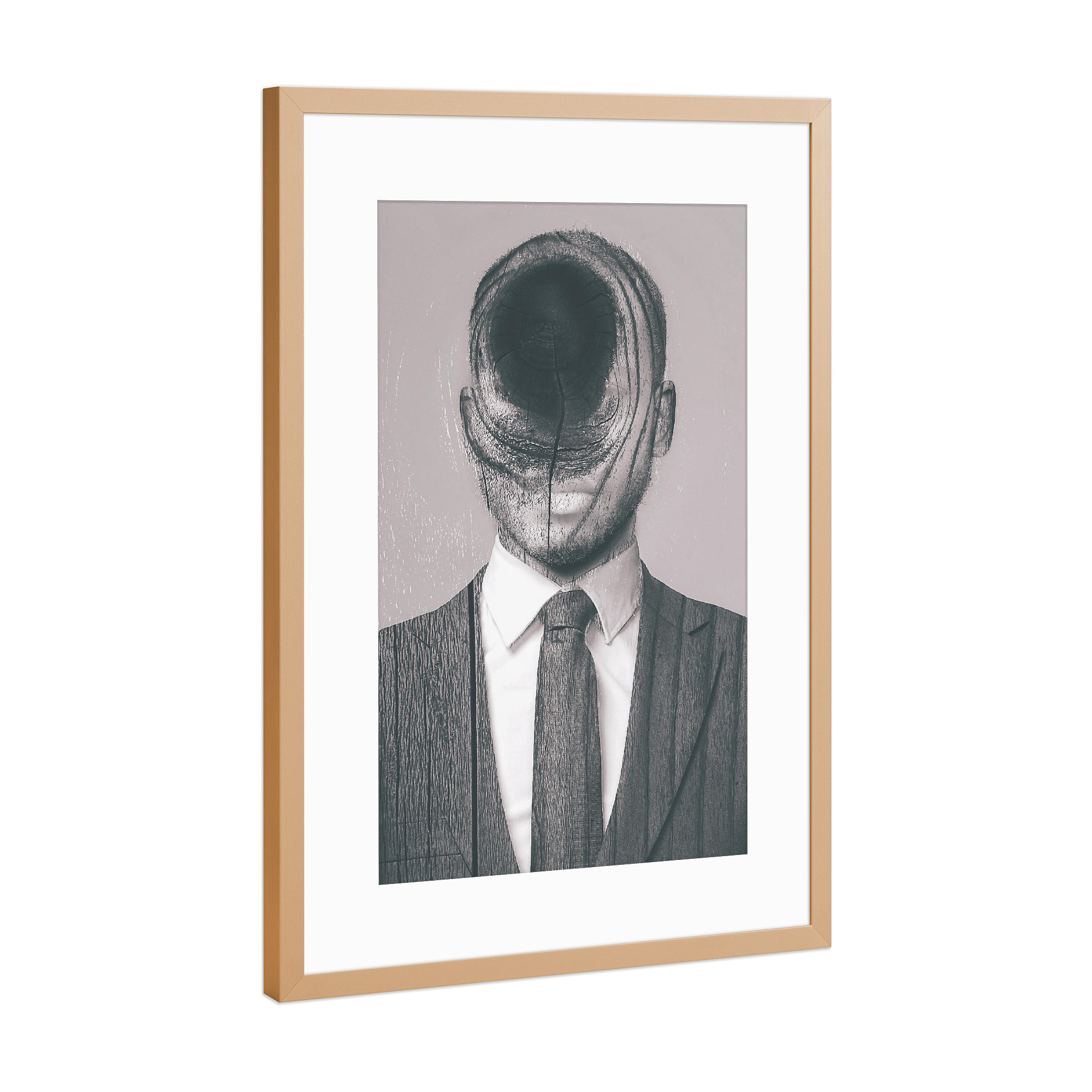 Poster mit Rahmen Kupfer "Woods Passport" artboxONE - Abstrakt - Man,Wood,Exposure,Mann,Holz,Passfoto,Krawatte,Anzug,Dermannohnegesicht,Männlich