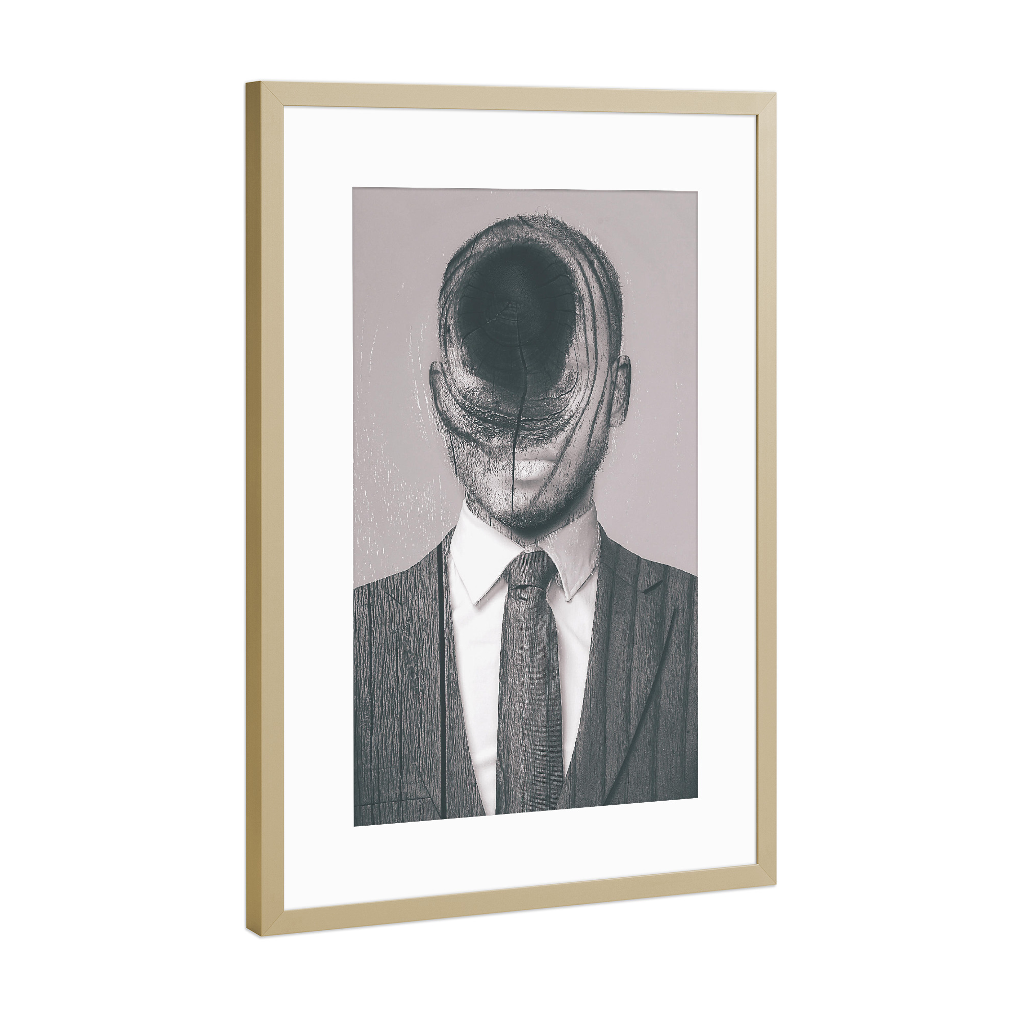 Poster mit Rahmen Gold "Woods Passport" artboxONE - Abstrakt - Man,Wood,Exposure,Mann,Holz,Passfoto,Krawatte,Anzug,Dermannohnegesicht,Männlich