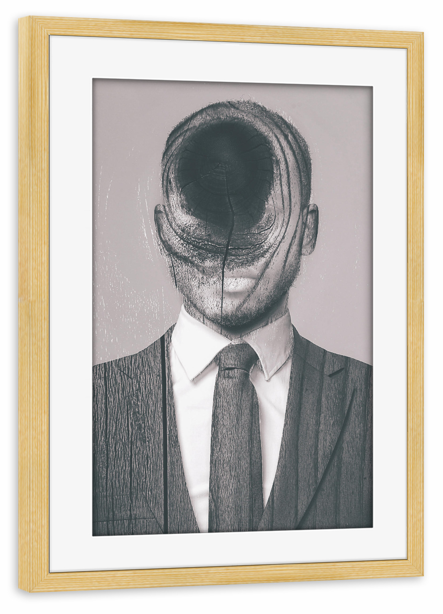 Poster mit Rahmen kiefer "Woods Passport" artboxONE - Abstrakt - Man,Wood,Exposure,Mann,Holz,Passfoto,Krawatte,Anzug,Dermannohnegesicht,Männlich