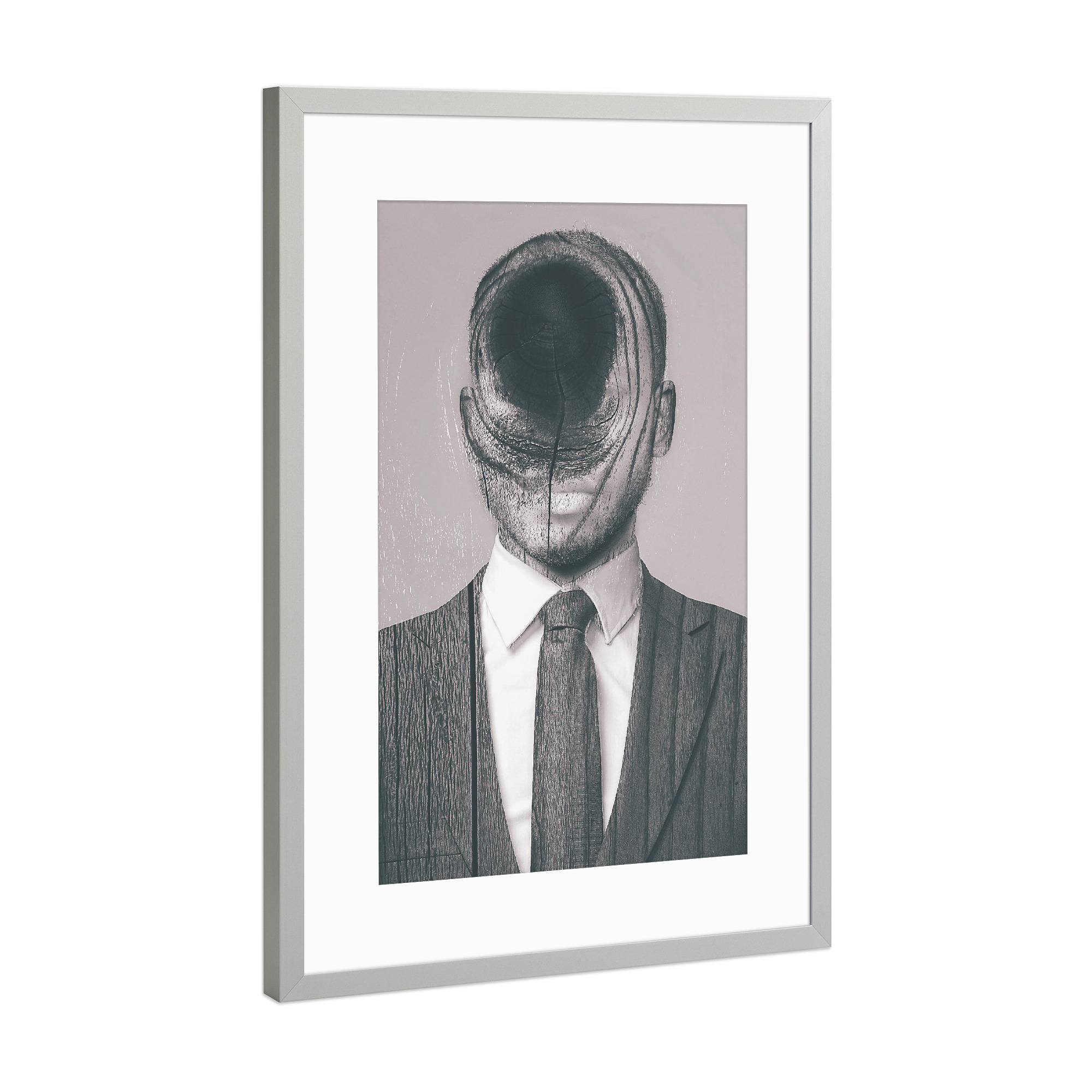 Poster mit Rahmen Silber "Woods Passport" artboxONE - Abstrakt - Man,Wood,Exposure,Mann,Holz,Passfoto,Krawatte,Anzug,Dermannohnegesicht,Männlich