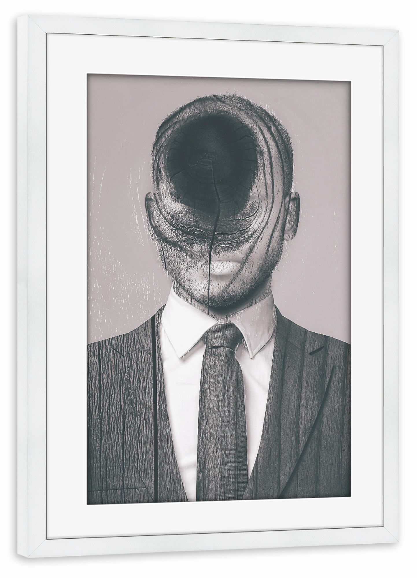 Poster mit Rahmen weiß "Woods Passport" artboxONE - Abstrakt - Man,Wood,Exposure,Mann,Holz,Passfoto,Krawatte,Anzug,Dermannohnegesicht,Männlich