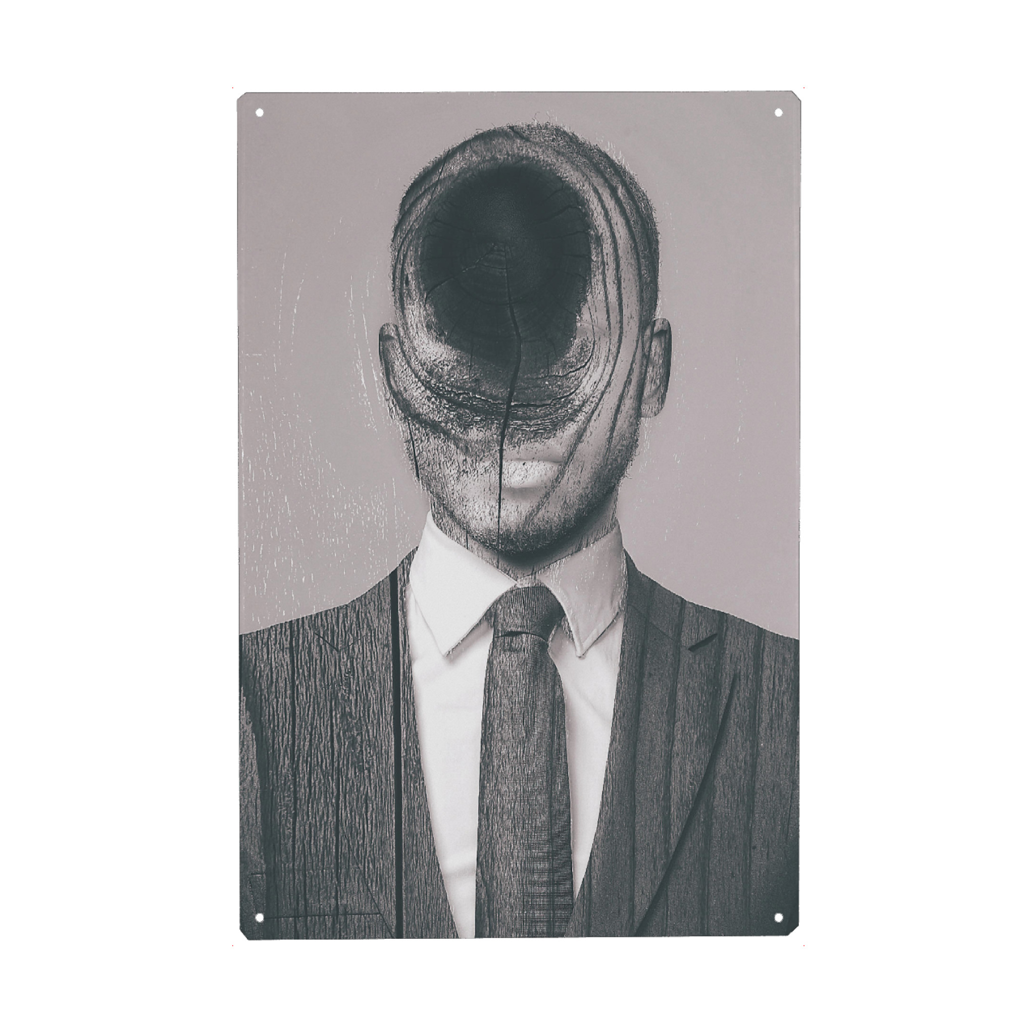 Metall Poster "Woods Passport" artboxONE - Abstrakt - Man,Wood,Exposure,Mann,Holz,Passfoto,Krawatte,Anzug,Dermannohnegesicht,Männlich - Blechschild