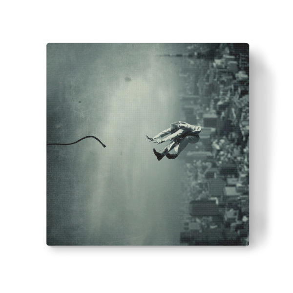 Leinwandbild "Vacation" artboxONE - Abstrakt - Landschaft,Stadt,Mann,Fall,Landschaft,Derfall,Mann,Fallenlassen,Seil,Gesprungen,Tiefe,Stadt