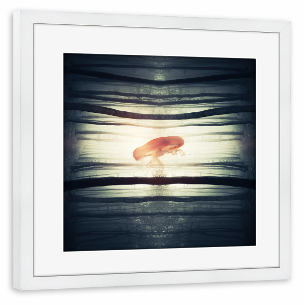 Poster mit Rahmen weiß "Glow" artboxONE - Natur,Abstrakt - Medusa,Wald,Baum,Nebel,Wald,Baum,Qualle,Bäume,Verlassen,Nachdenken