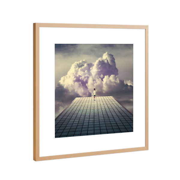 Poster mit Rahmen Kupfer "Breaker daydreams" artboxONE - Abstrakt,Architektur - Junge,Traum,Gebäude,Würfel,Junge,Traum,Würfel,Gebäude,Wolken