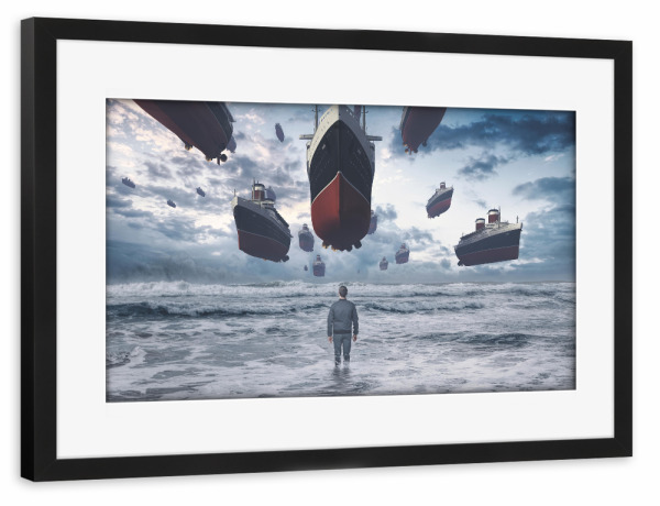 Poster mit Rahmen schwarz "Kopabli" artboxONE - Natur,Abstrakt,Reise / Strand und Meer - Ship,Sea,Clouds,Levitate,Schiffe,Fliegen,Meer,Ozean,See,Boote