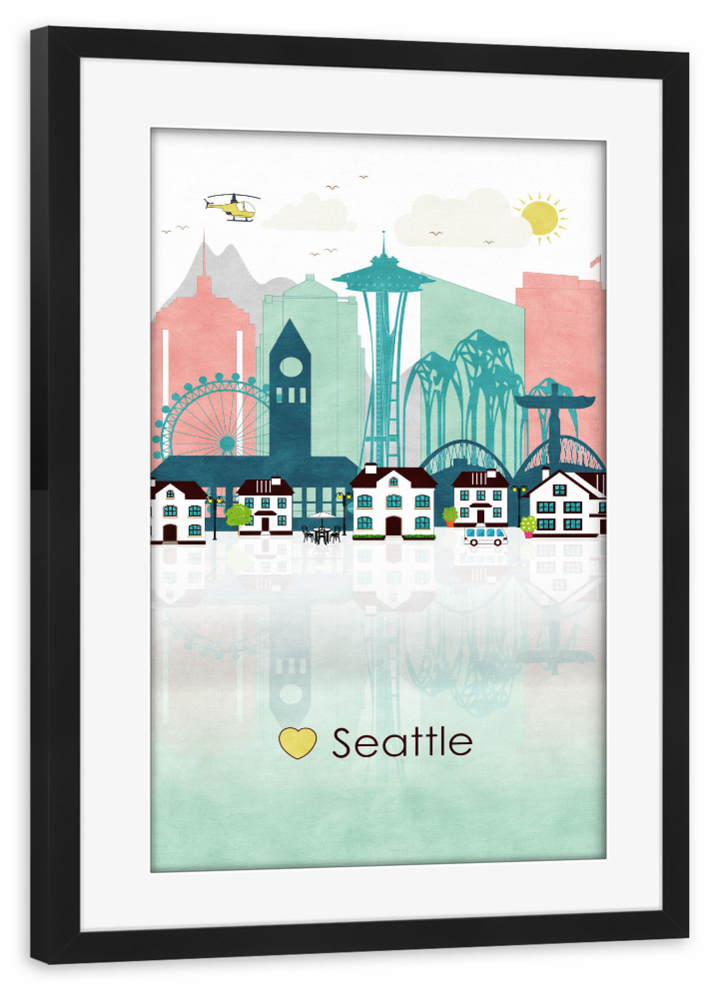 Poster mit Rahmen schwarz "Seattle Skyline" artboxONE - Städte,Reise,Städte / Weitere