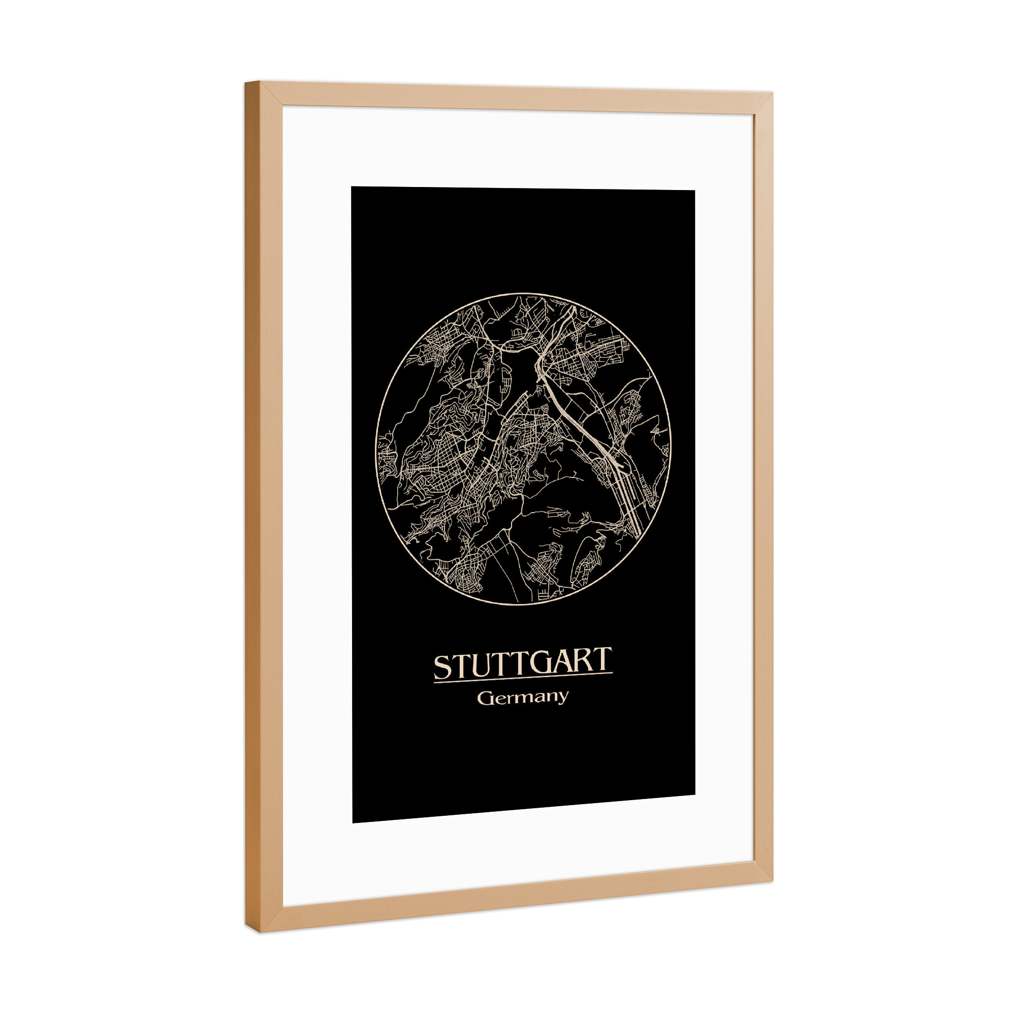 Poster mit Rahmen Kupfer "Stuttgart Germany Retro Map" artboxONE - Städte,Schwarzweiß,Städte / Stuttgart
