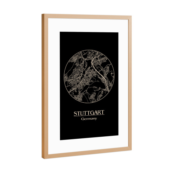 Poster mit Rahmen Kupfer "Stuttgart Germany Retro Map" artboxONE - Städte,Schwarzweiß,Städte / Stuttgart