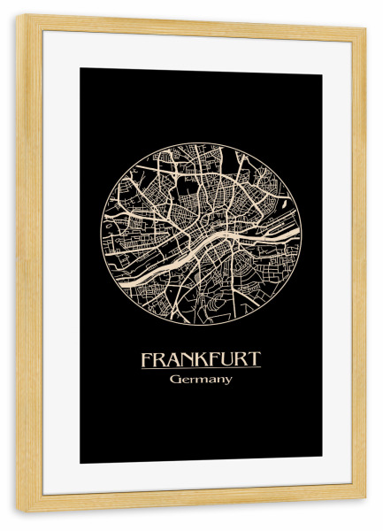 Poster mit Rahmen kiefer "Frankfurt Germany Retro Map" artboxONE - Städte,Schwarzweiß,Städte / Frankfurt