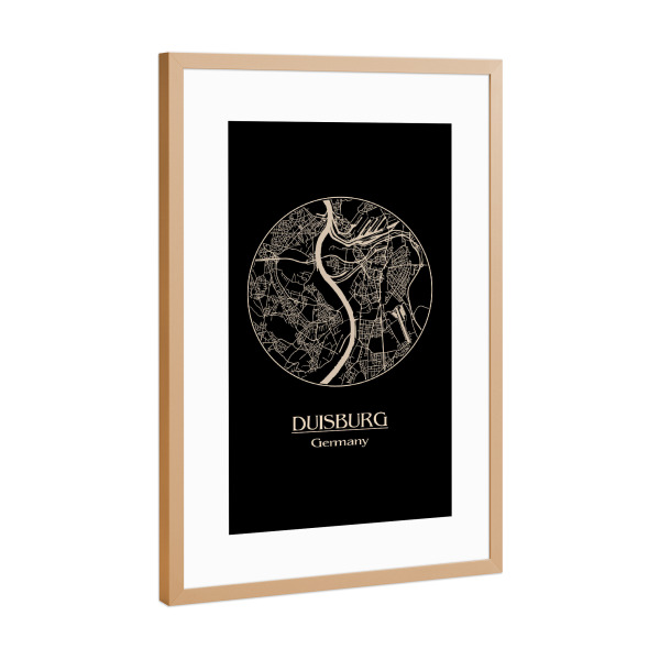 Poster mit Rahmen Kupfer "Duisburg Germany Retro Map" artboxONE - Städte,Reise,Schwarzweiß,Städte / Weitere - Duisburg,Germany,Deutschland,Ruhrgebiet