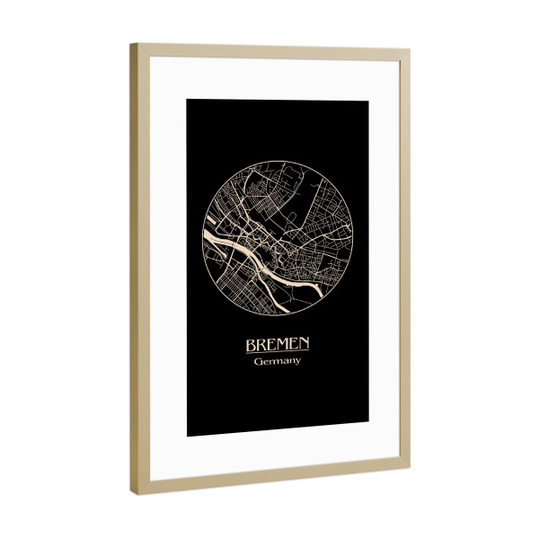 Poster mit Rahmen Gold "Bremen Germany Retro Map" artboxONE - Städte,Reise,Schwarzweiß,Städte / Weitere - Bremen,Germany,Retro,Map,Deutschland,Norden